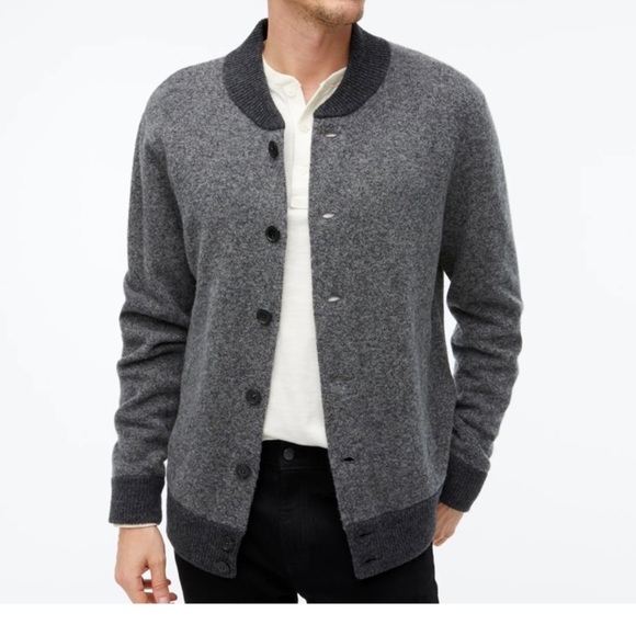 J Crew Gray Lambswool Bomber Cardigan 